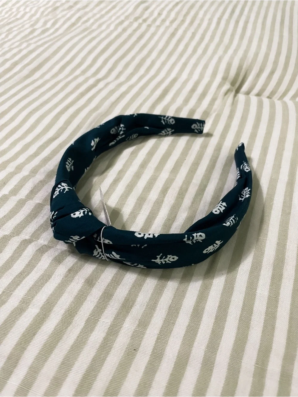 New J. Crew Peacock Ivory Printed Knot Headband Teal Dark Green Cotton Woven